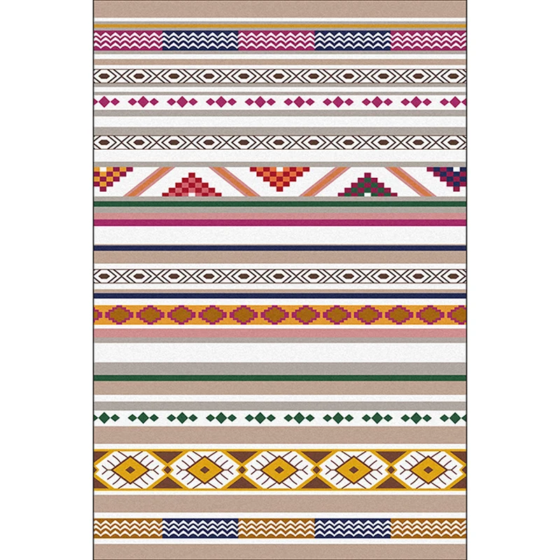 Weißer, mehrfarbiger Tribal-Teppich, Polyester-Teppich mit Streifenmuster, waschbarer, rutschfester Teppich für das Wohnzi...