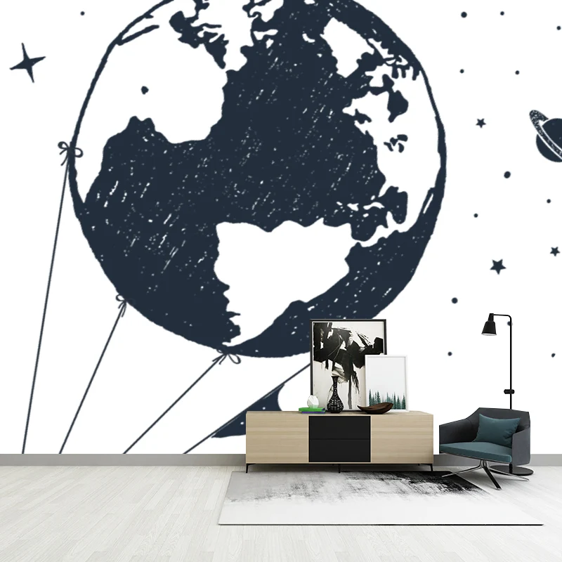 Weltraum-Globus-Ballon-Wandtapete im modernen Stil, glatte Wandkunst Schwarz und Weiß Clearhalo