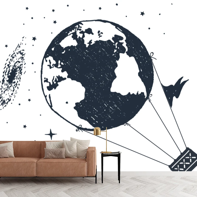 Weltraum-Globus-Ballon-Wandtapete im modernen Stil, glatte Wandkunst Schwarz und Weiß Clearhalo