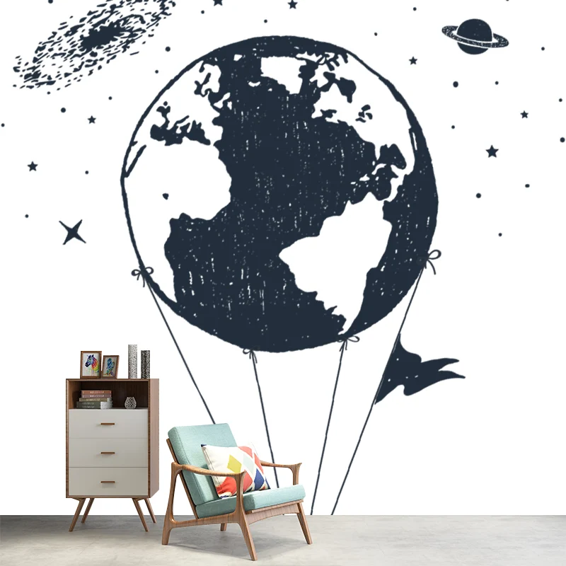 Weltraum-Globus-Ballon-Wandtapete im modernen Stil, glatte Wandkunst Schwarz und Weiß Clearhalo