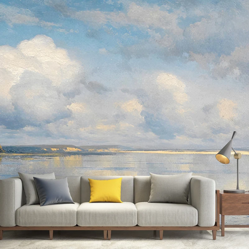 Zeitgenössische Himmel- und Fluss-Wandtapete Blau und Weiß, maßgefertigte Wohnzimmer-Wandkunst Clearhalo