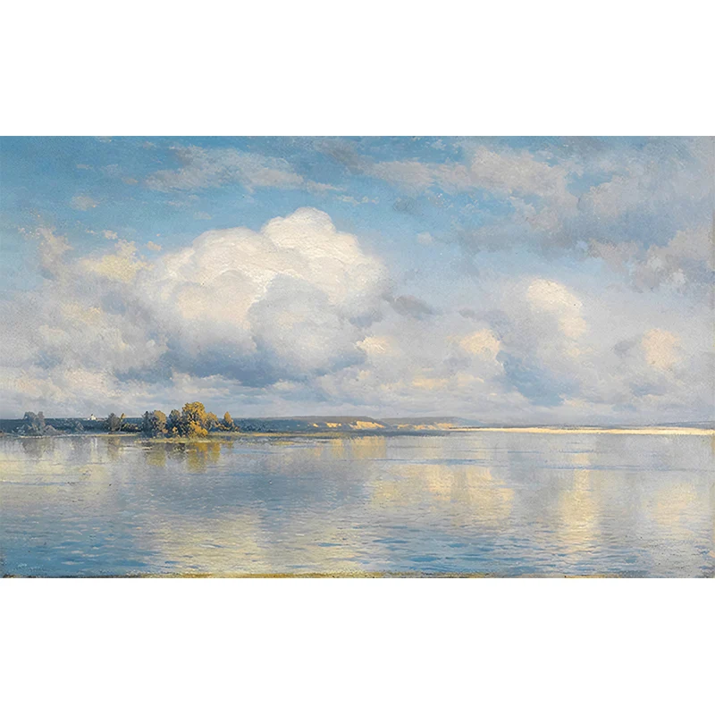Zeitgenössische Himmel- und Fluss-Wandtapete Blau und Weiß, maßgefertigte Wohnzimmer-Wandkunst Clearhalo