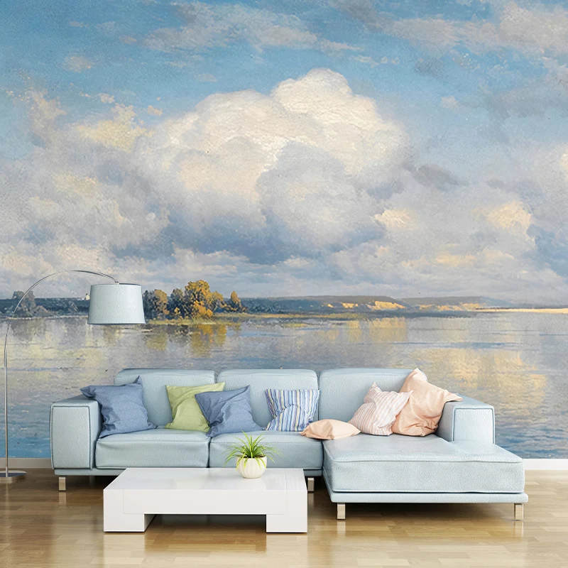 Zeitgenössische Himmel- und Fluss-Wandtapete Blau und Weiß, maßgefertigte Wohnzimmer-Wandkunst Clearhalo