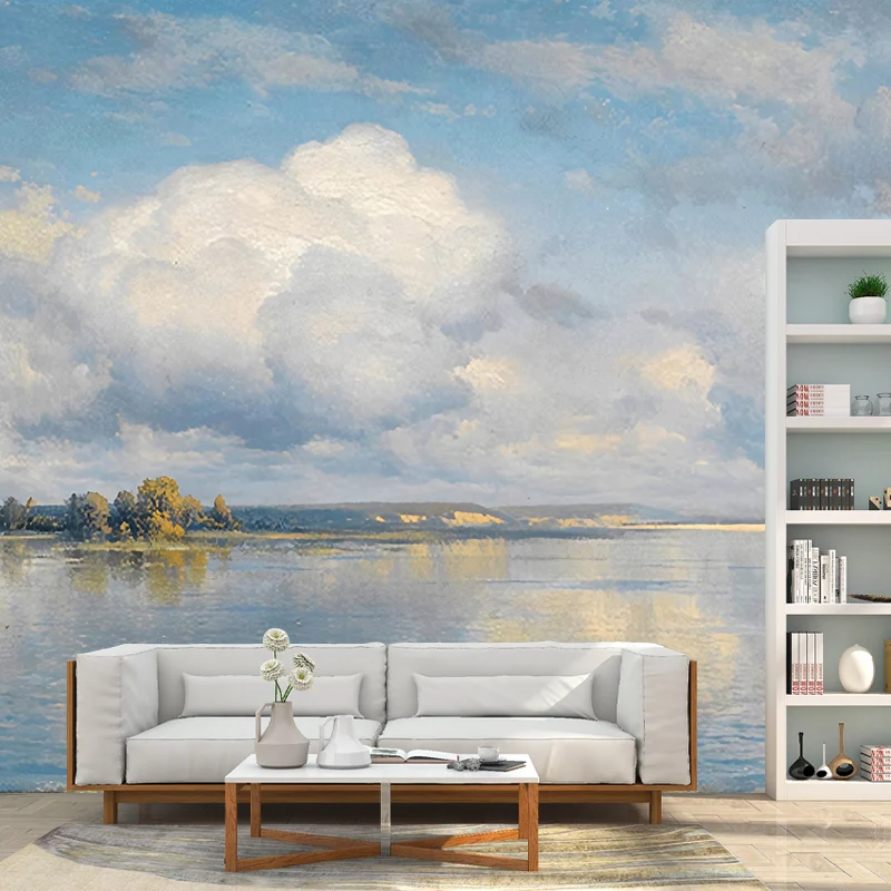 Zeitgenössische Himmel- und Fluss-Wandtapete Blau und Weiß, maßgefertigte Wohnzimmer-Wandkunst Clearhalo