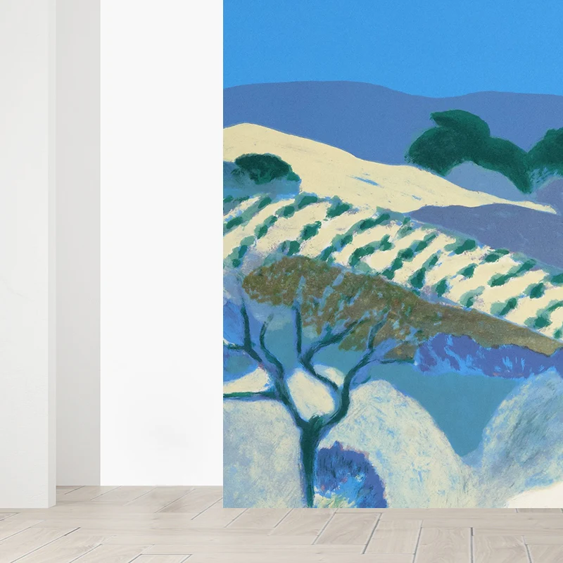 Zeitgenössische Kunst-Wandbild „Hügellandschaft“ Blau, schmutzabweisende Wandverkleidung für die Küche Clearhalo