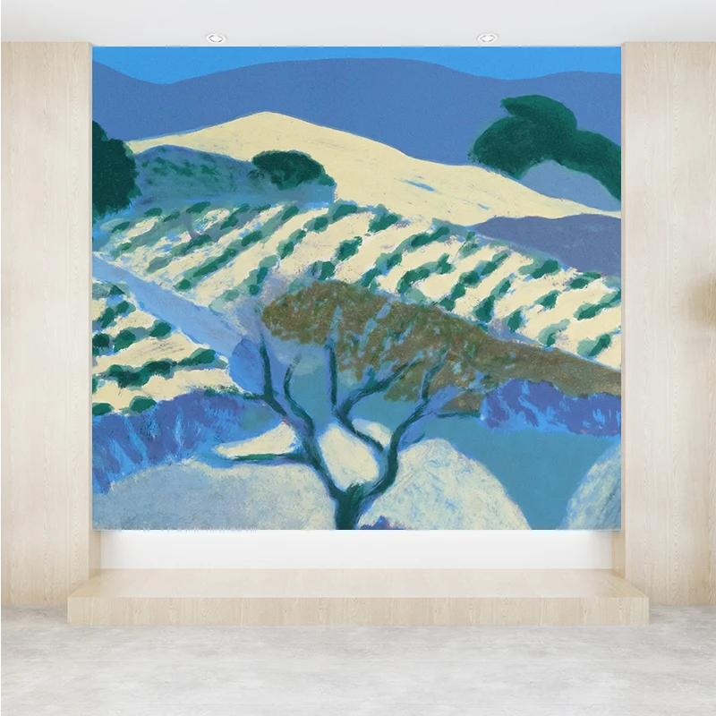 Zeitgenössische Kunst-Wandbild „Hügellandschaft“ Blau, schmutzabweisende Wandverkleidung für die Küche Clearhalo