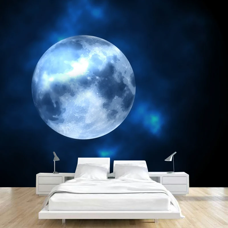 Zeitgenössisches Vollmond-Wandbild aus Vliesstoff, waschbar, schwarz-blau, für das Wohnzimmer Clearhalo