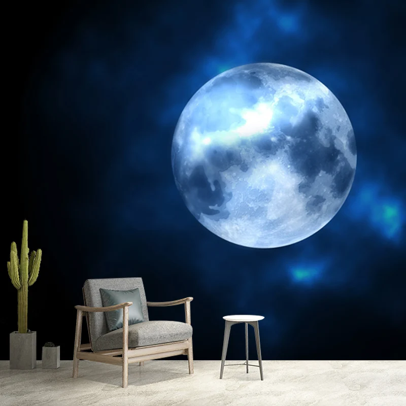 Zeitgenössisches Vollmond-Wandbild aus Vliesstoff, waschbar, schwarz-blau, für das Wohnzimmer Clearhalo