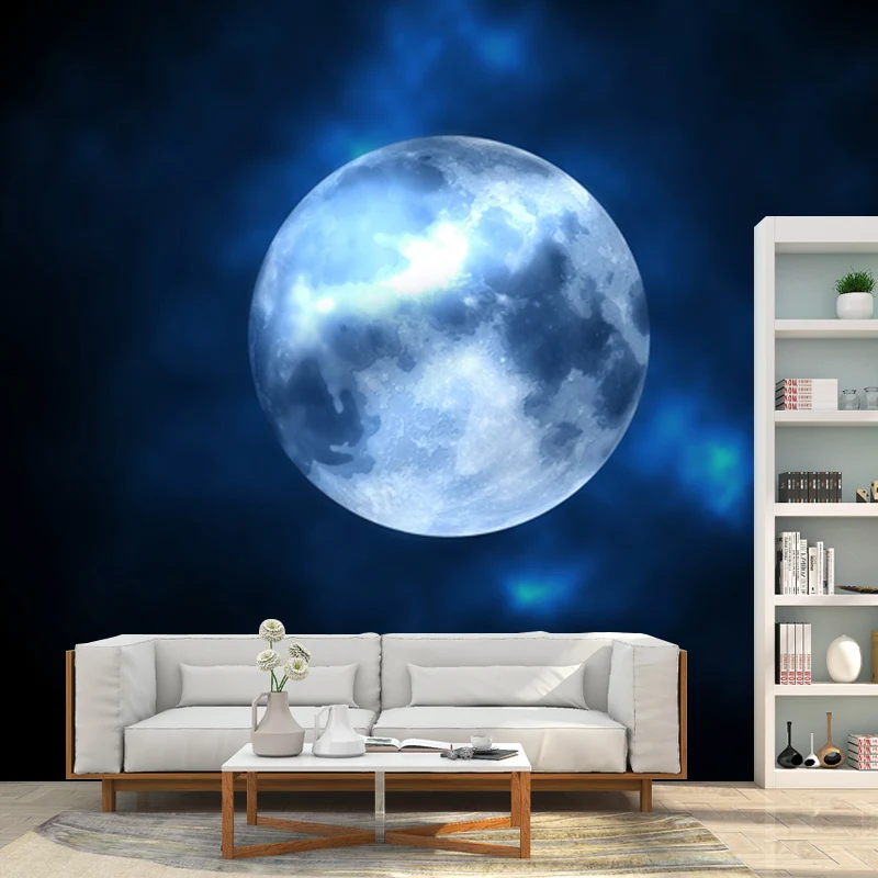 Zeitgenössisches Vollmond-Wandbild aus Vliesstoff, waschbar, schwarz-blau, für das Wohnzimmer Clearhalo