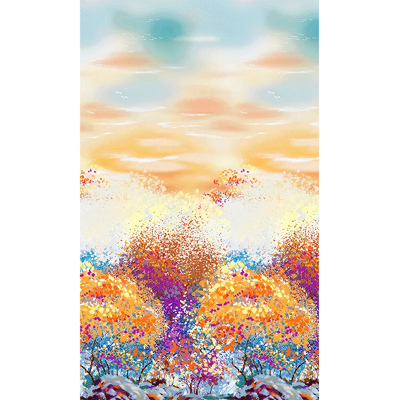 Zeitgenössisches Wandgemälde Orange und Gelb, extragroße Wandkunst mit Wald- und Himmelsmuster für die Inneneinrichtung Cl...