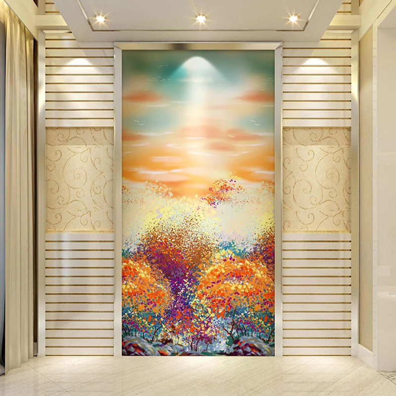Zeitgenössisches Wandgemälde Orange und Gelb, extragroße Wandkunst mit Wald- und Himmelsmuster für die Inneneinrichtung Cl...