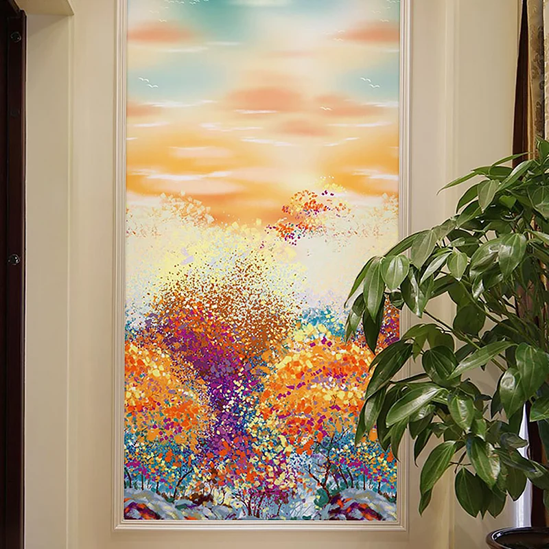 Zeitgenössisches Wandgemälde Orange und Gelb, extragroße Wandkunst mit Wald- und Himmelsmuster für die Inneneinrichtung Cl...