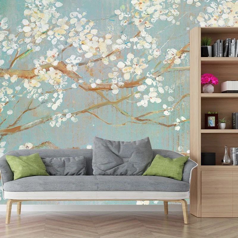Zeitgenössisches Wandgemälde voller Größe für die Schlafzimmerdekoration mit blühendem Blumenmuster Braun und Weiß Clearhalo