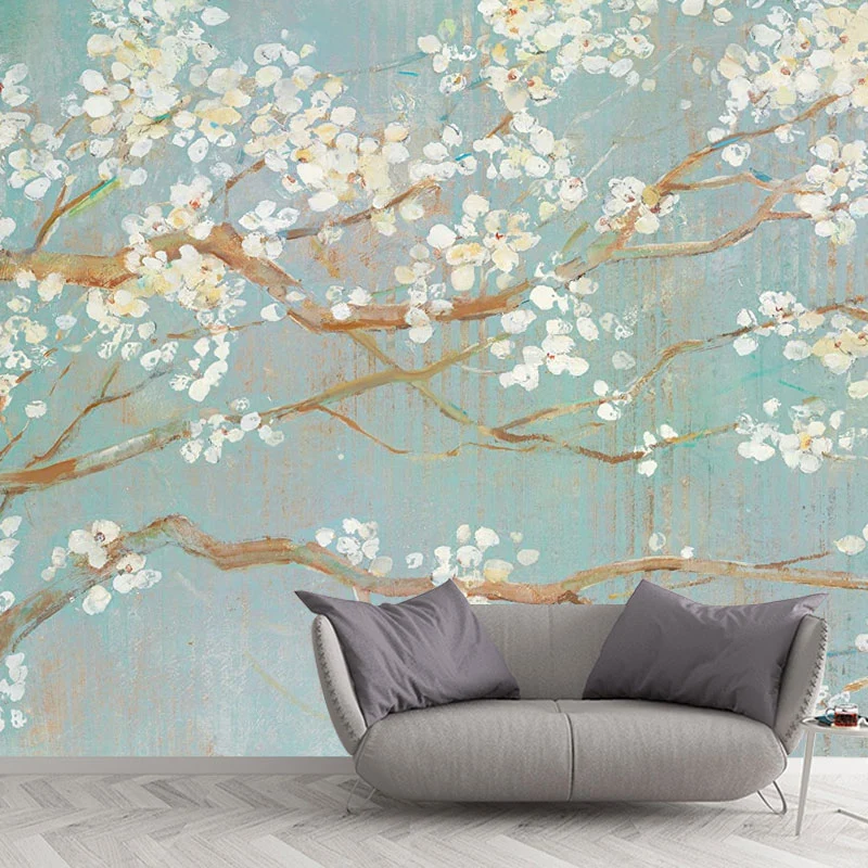 Zeitgenössisches Wandgemälde voller Größe für die Schlafzimmerdekoration mit blühendem Blumenmuster Braun und Weiß Clearhalo