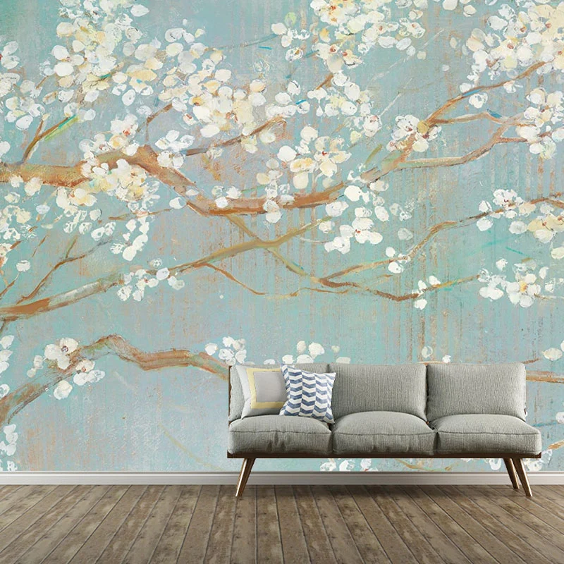 Zeitgenössisches Wandgemälde voller Größe für die Schlafzimmerdekoration mit blühendem Blumenmuster Braun und Weiß Clearhalo