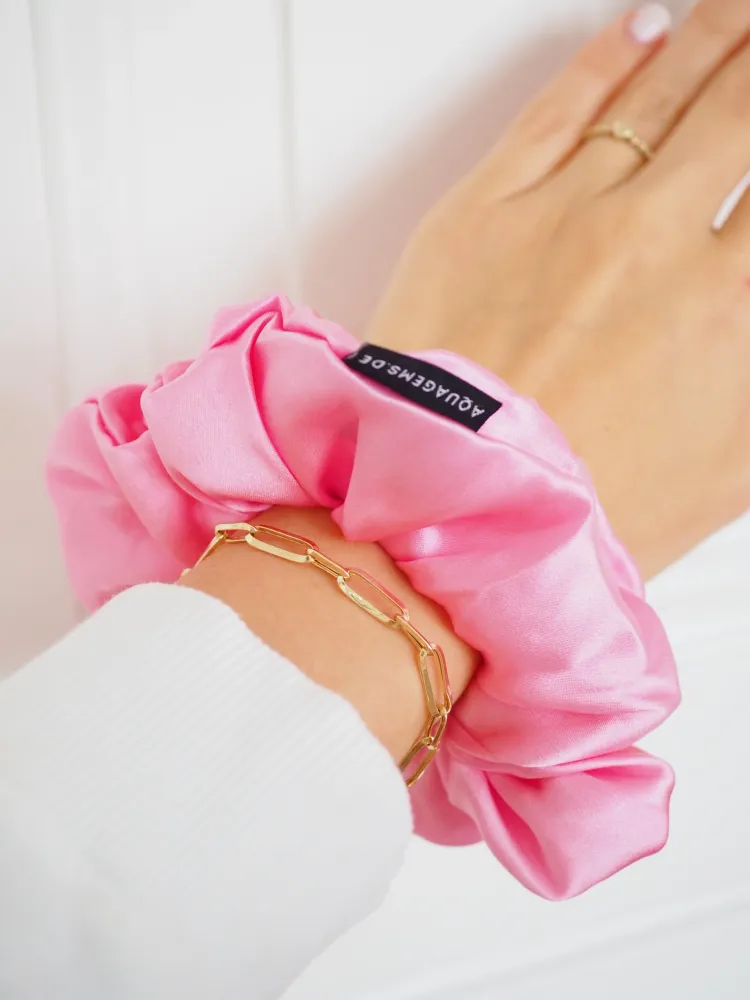CRYSTAL SCRUNCHIE 100% Maulbeerseiden Haargummi mit Kristall Tasche & Schwarzem Turmalin - GIRLY ROSA