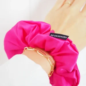 CRYSTAL SCRUNCHIE 100% Maulbeerseiden Haargummi mit Kristall Tasche & Schwarzem Turmalin - HOT PINK