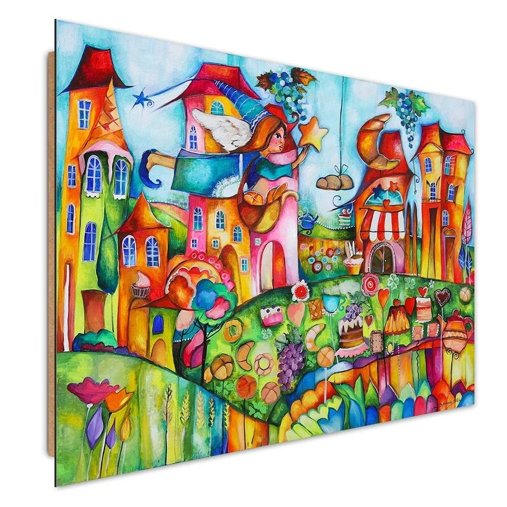 Art-déco-Paneldruck, Fee einer farbenfrohen Stadt 100x70 Feeby