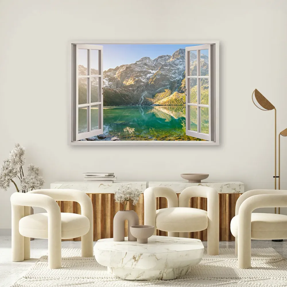 Art-déco-Paneldruck, Fenstersee den Bergen Natur 60x40 Feeby