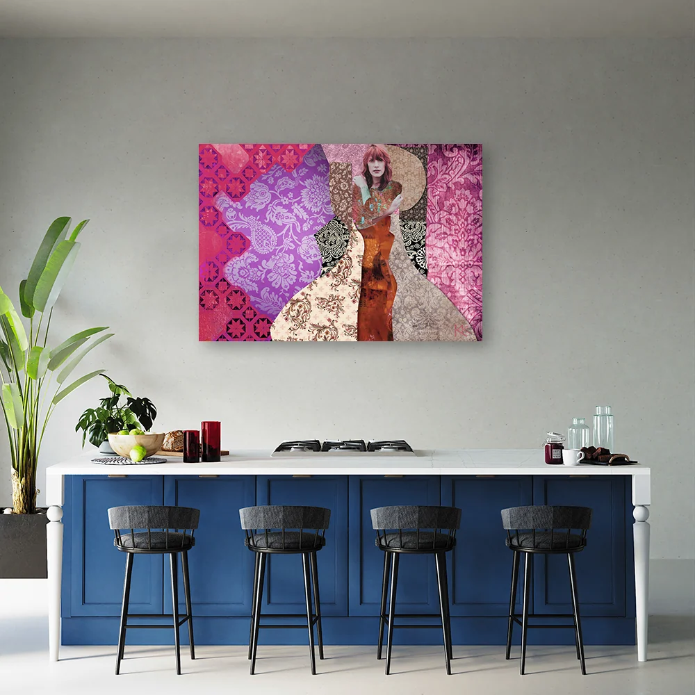 Art-déco-Paneldruck, Frau vor dekorativem Hintergrund 60x40 Feeby