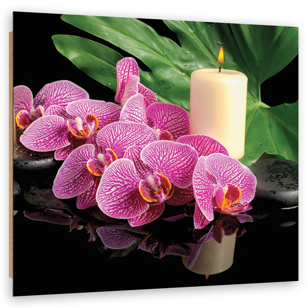 Art-déco-Paneldruck, Kerzen mit rosa Orchideenmotiv 30x30 Feeby