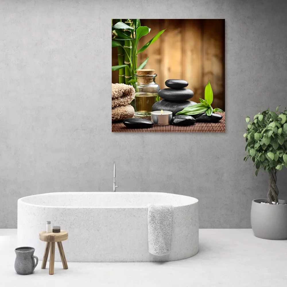 Art-déco-Paneldruck, Zen-Komposition aus schwarzen Steinen und Bambus 30x30 Feeby