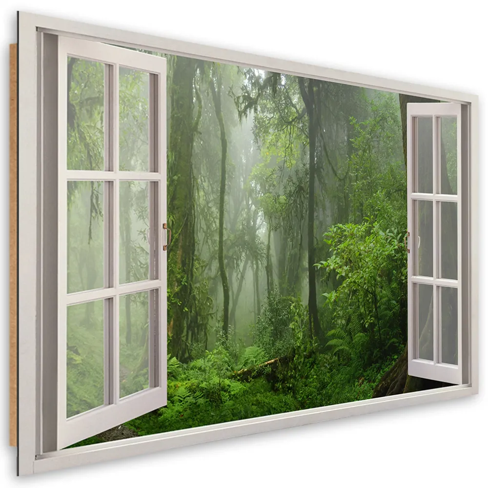 Dekorativer Paneeldruck, Fenster tropischer Wald Dschungel 60x40 Feeby