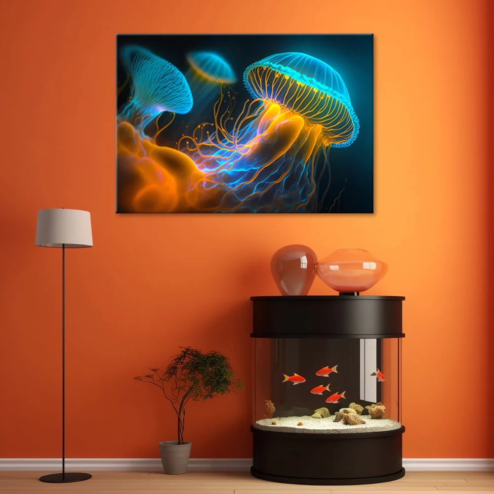 Dekorativer Paneeldruck, Quallen unter Wasser (Neon) 60x40 Feeby