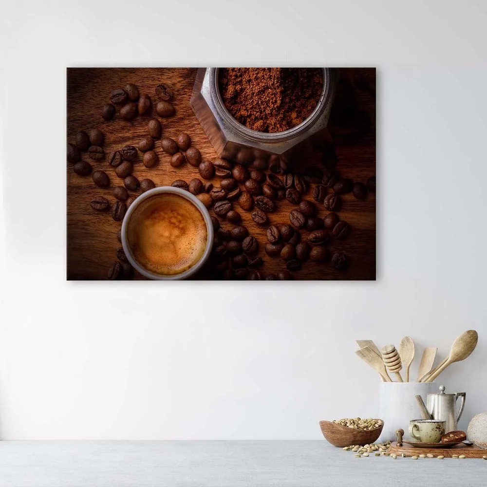 Dekorativer Paneeldruck, Tasse Kaffee und Bohnen 100x70 Feeby