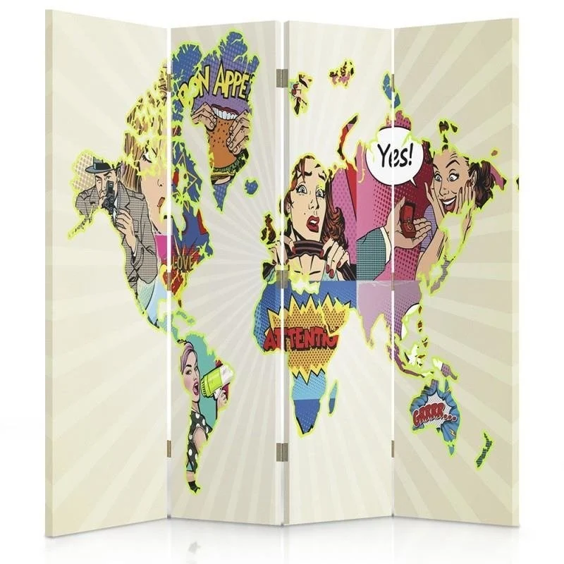 Doppelseitiger Raumteiler, Weltkarte im Pop-Art-Stil Feeby
