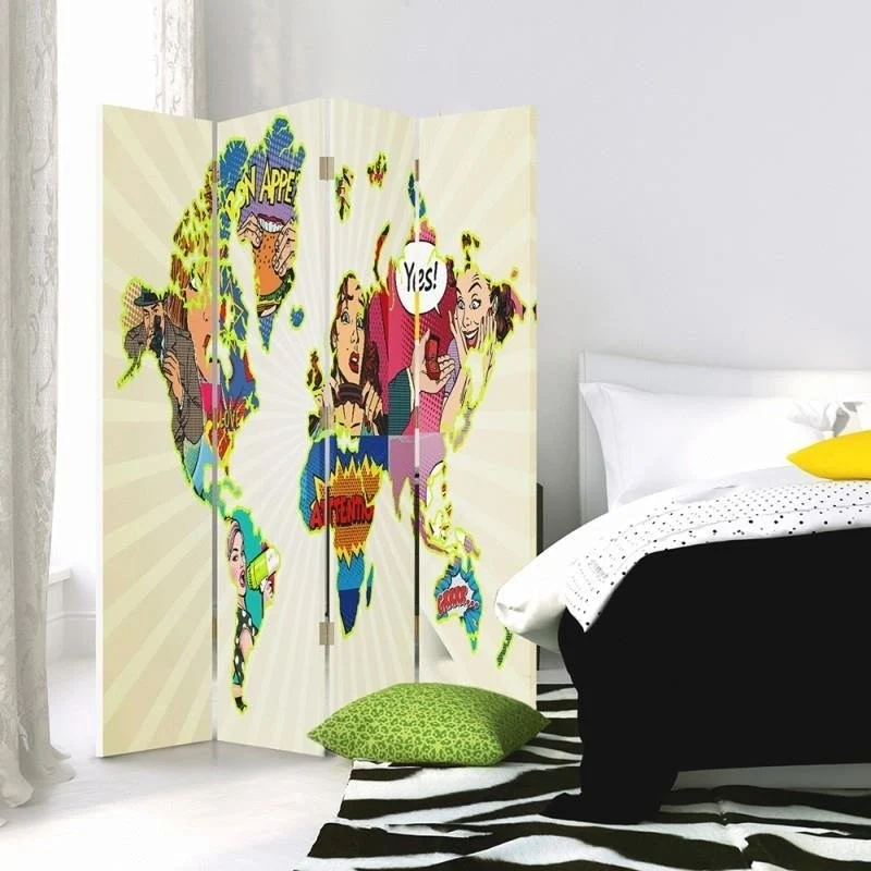 Doppelseitiger Raumteiler, Weltkarte im Pop-Art-Stil Feeby