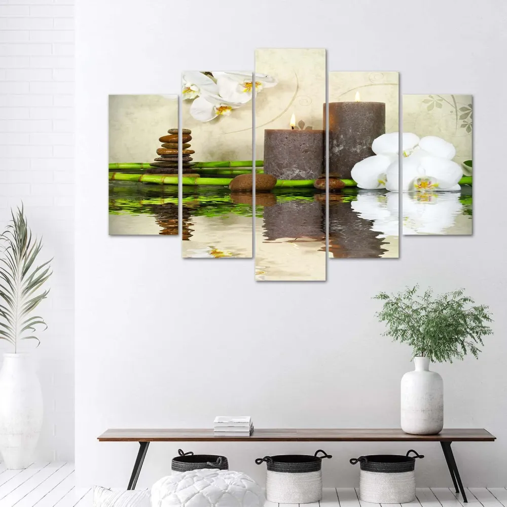 Fünfteiliges Bilder-Dekorationspaneel, Zen-Komposition mit Kerzen 100x70 Feeby