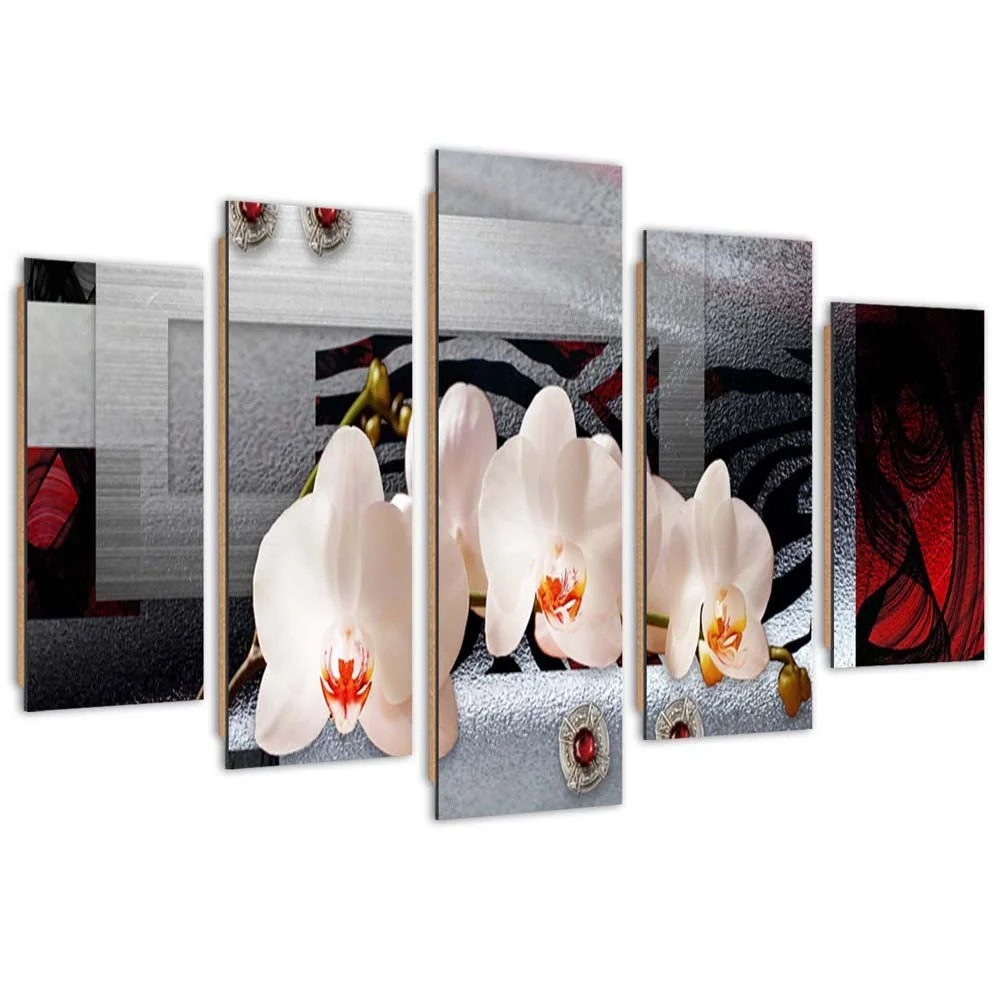 Fünfteiliges Bilderpaneel, Weiße Orchideen 100x70 Feeby