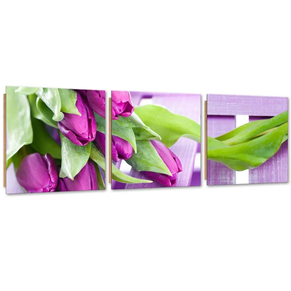 Set aus drei Bildern, Deko-Paneel, lila Tulpen im Strauß 120x40 Feeby