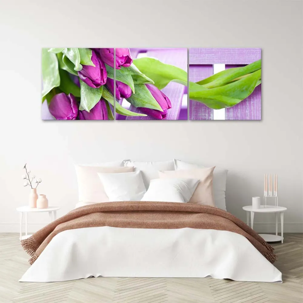 Set aus drei Bildern, Deko-Paneel, lila Tulpen im Strauß 120x40 Feeby