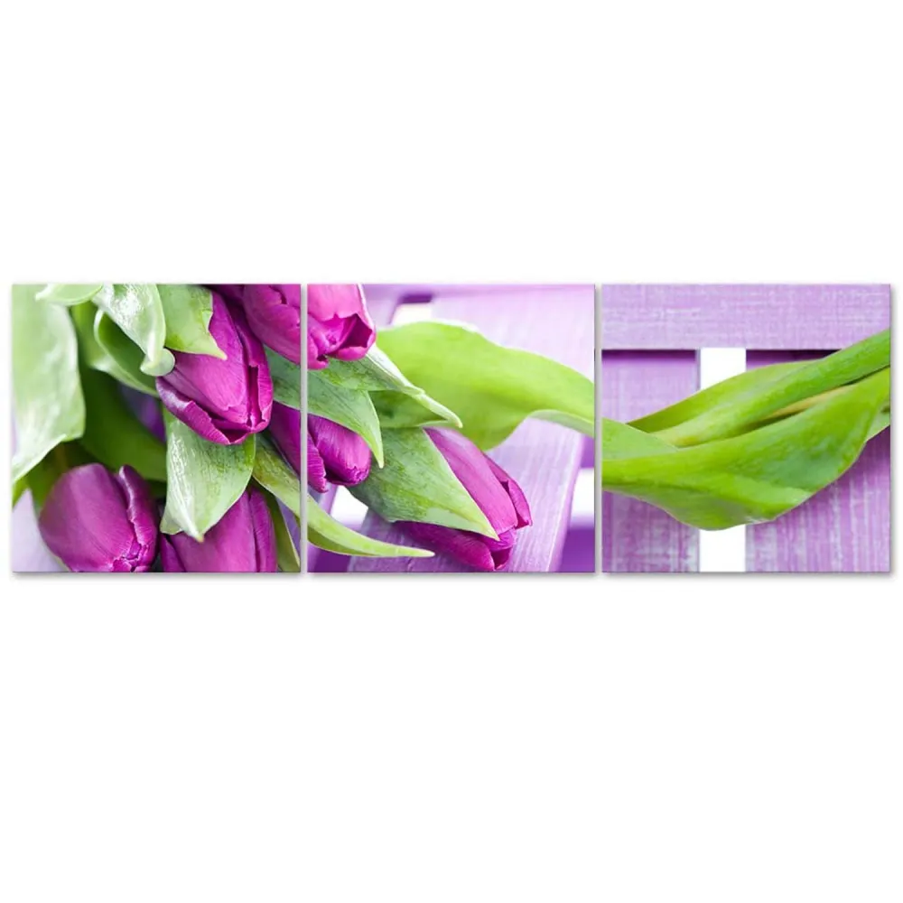 Set aus drei Bildern, Deko-Paneel, lila Tulpen im Strauß 120x40 Feeby