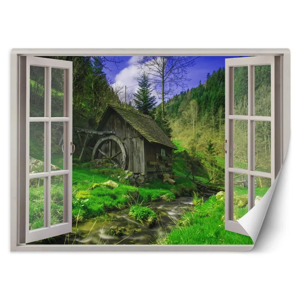 Tapete, Fenster – Blick auf eine Hütte im Wald 140x100 Feeby