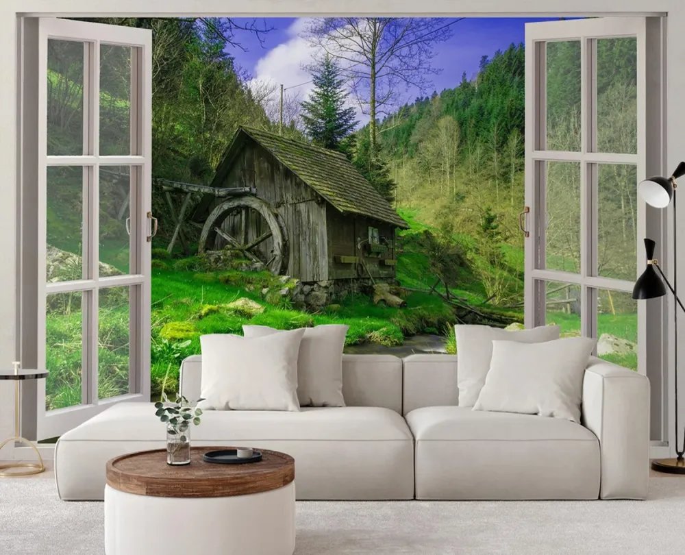 Tapete, Fenster – Blick auf eine Hütte im Wald 140x100 Feeby