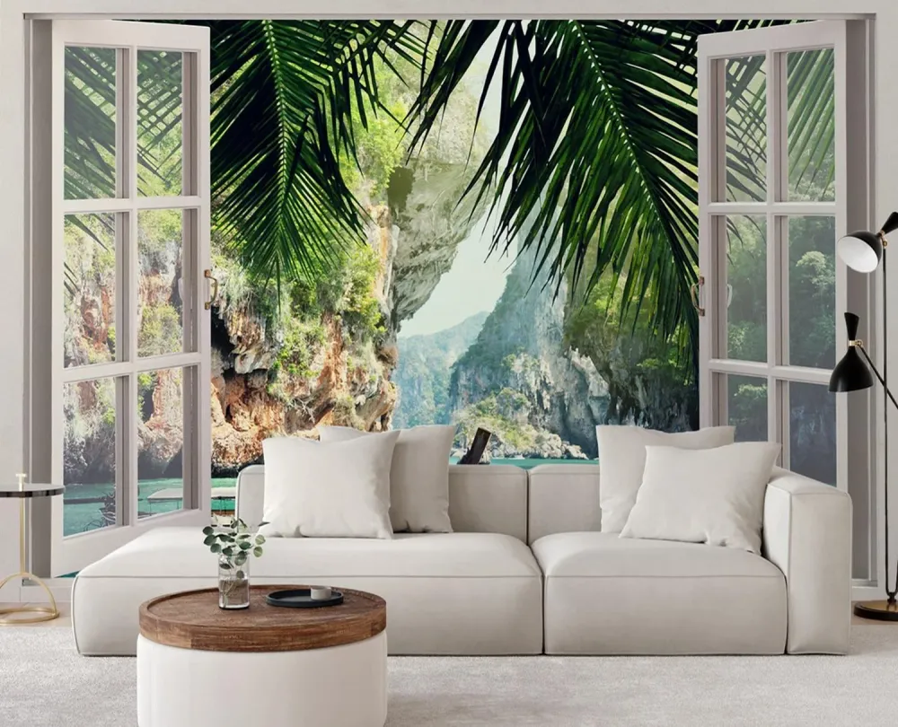 Tapete, Fensterblick auf die Bucht von Tropical Paradise 140x100 Feeby