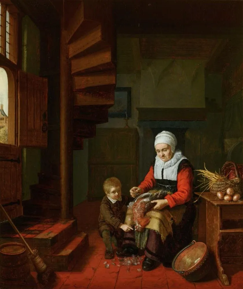 Gemälde Alte Frau schälend einen Hahn - Abraham de Pape | Kunstdruck