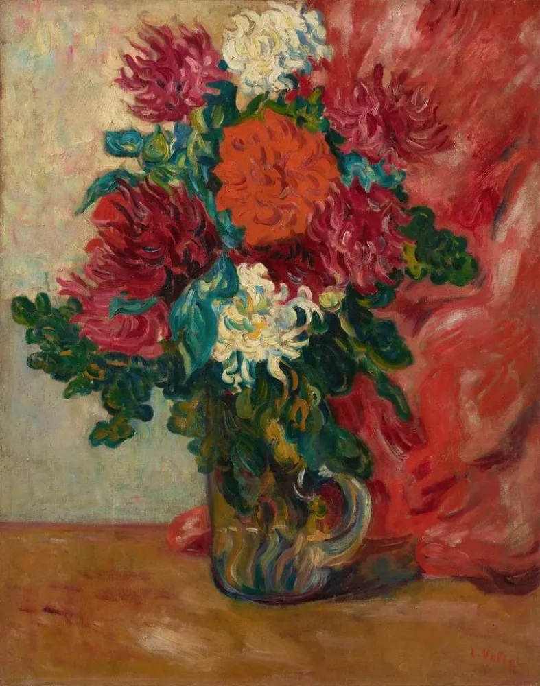 Gemälde Dahlias, die Glaskanne vor einem roten Wandbehang - Louis Valtat | Kunstdruck