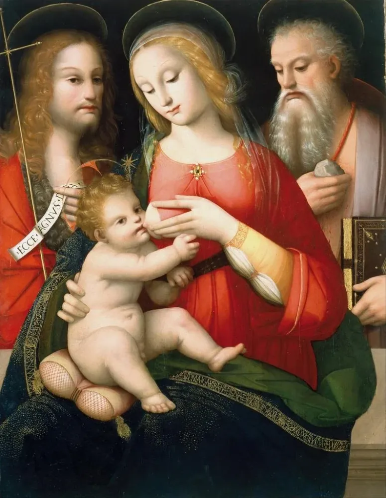 Gemälde Die Jungfrau mit Kind und die Heiligen Johannes der Täufer und Hieronymus - Andrea del Brescianino | Kunstdruck