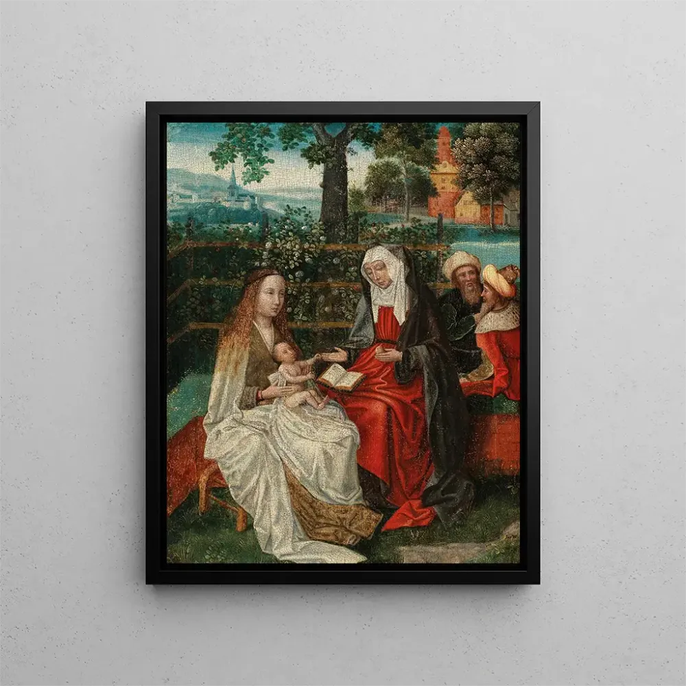 Gemälde Die Jungfrau und das Kind mit der heiligen Anna einem ummauerten Garten mit Joachim und Joseph im Hintergrund - Sc...