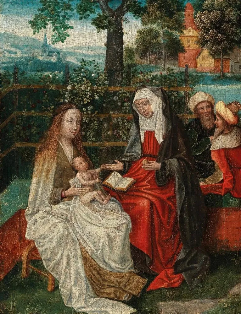 Gemälde Die Jungfrau und das Kind mit der heiligen Anna einem ummauerten Garten mit Joachim und Joseph im Hintergrund - Sc...