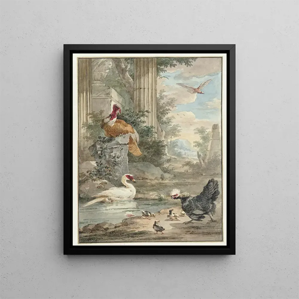 Gemälde Dindon et autres oiseaux près des ruines classiques d'un parc - Aert Schouman | Kunstdruck