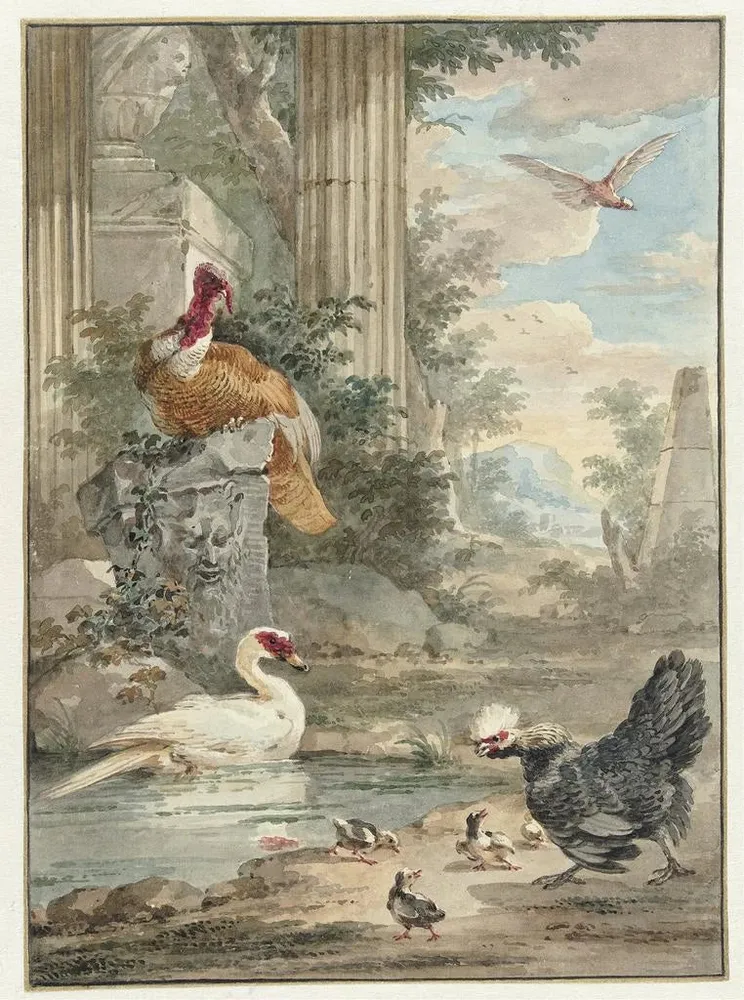 Gemälde Dindon et autres oiseaux près des ruines classiques d'un parc - Aert Schouman | Kunstdruck