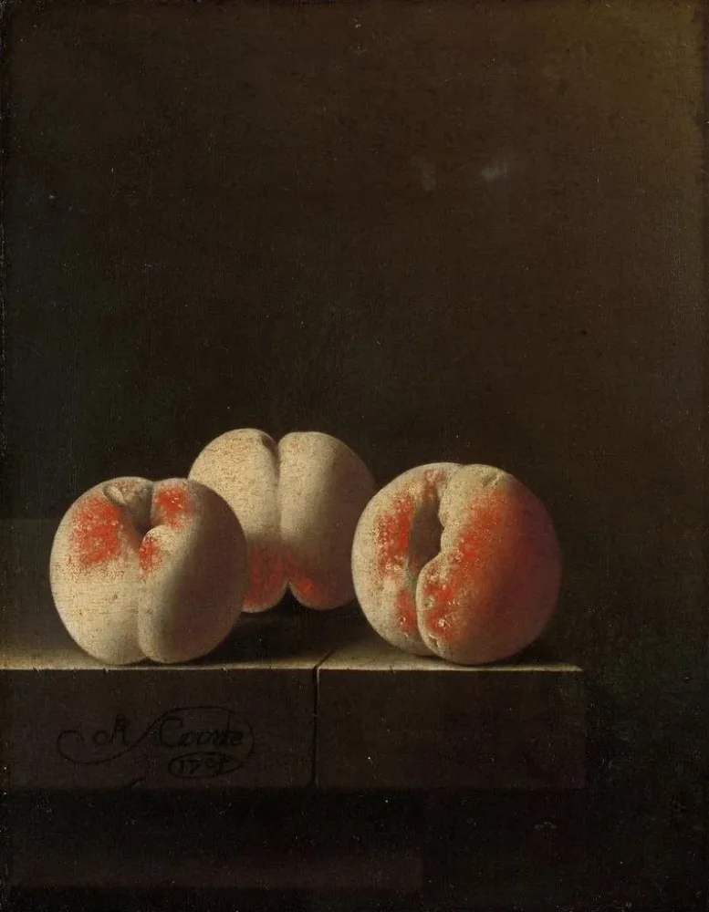 Gemälde Drei Pfirsiche auf einem Steinsockel - Adriaen Coorte | Kunstdruck