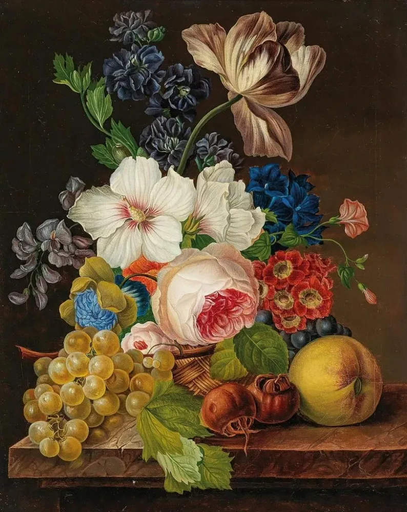 Gemälde Ein Blumenstrauß mit Trauben und Nèfles - Anonym | Kunstdruck