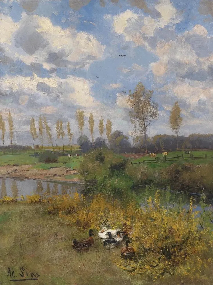 Gemälde Enten am Bachufer - Adolf Lins | Kunstdruck