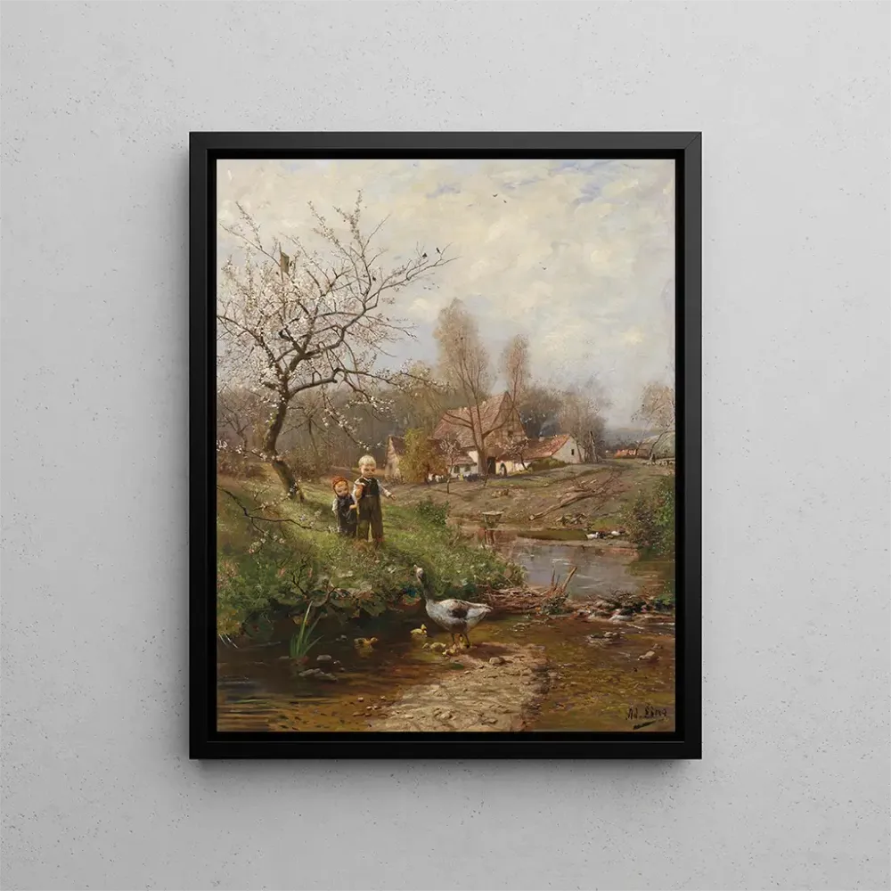 Gemälde Frühlingslandschaft mit zwei Kindern und Gänsen - Adolf Lins | Kunstdruck